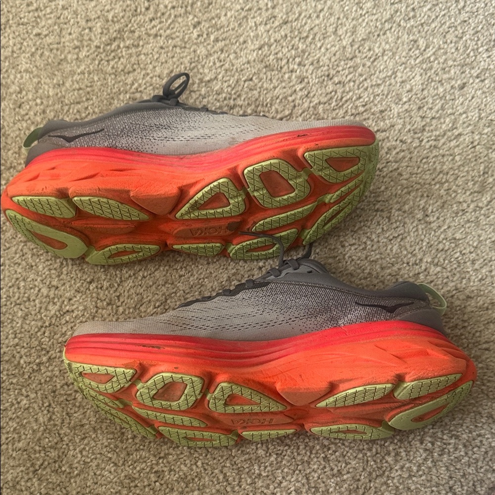 Men’s Hoka Bondi 8 Gray Running shoes with Bright Red-Orange Midsoles - Picture 2 of 7